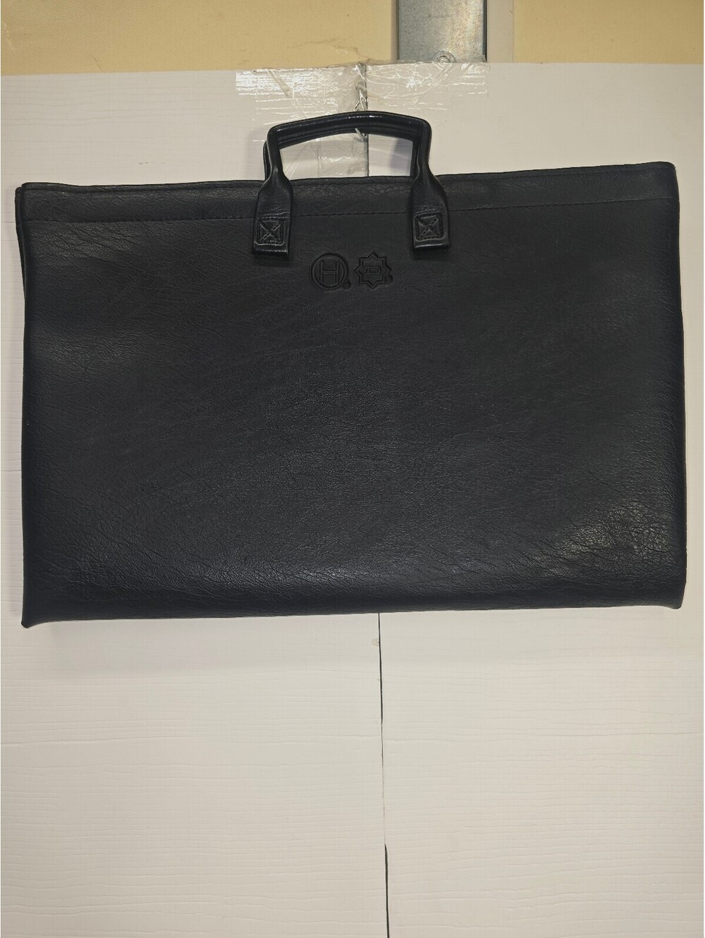 Vintage Black Faux Leather Vinyl Portfolio Briefcase Carrying Bag Embossed Logo